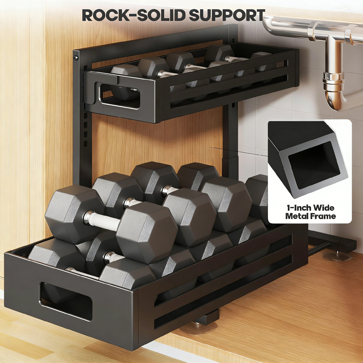 Pull-Out Under Sink Organizer, 17IN Depth, 8-Level Height Adjustable Metal Drawer, Black, 2-Pack